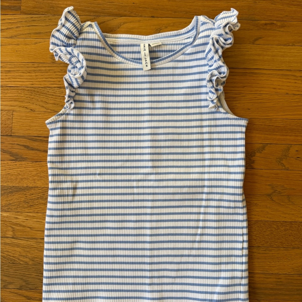 EUC Janie and Jack Blue and White striped ruffle shoulder sleeveless top